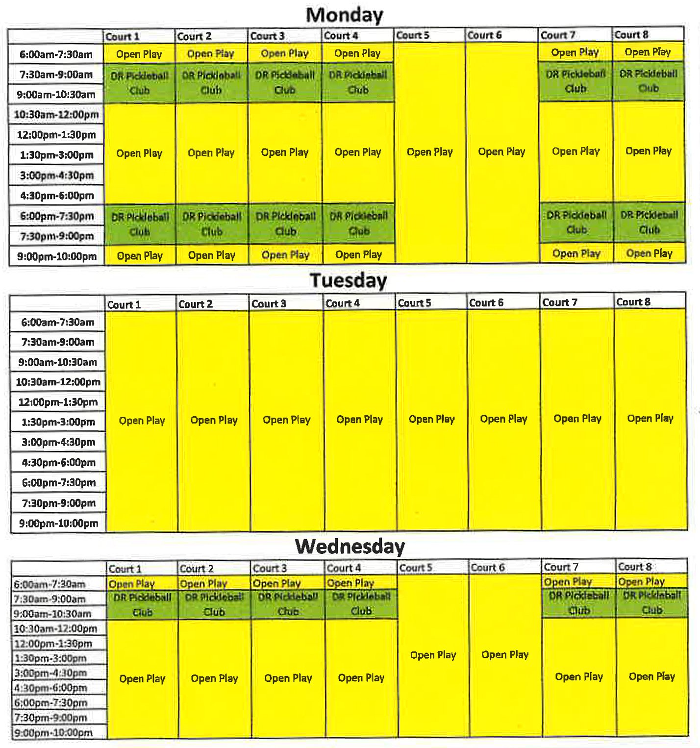 time map of Pickleball court availability M, T, W