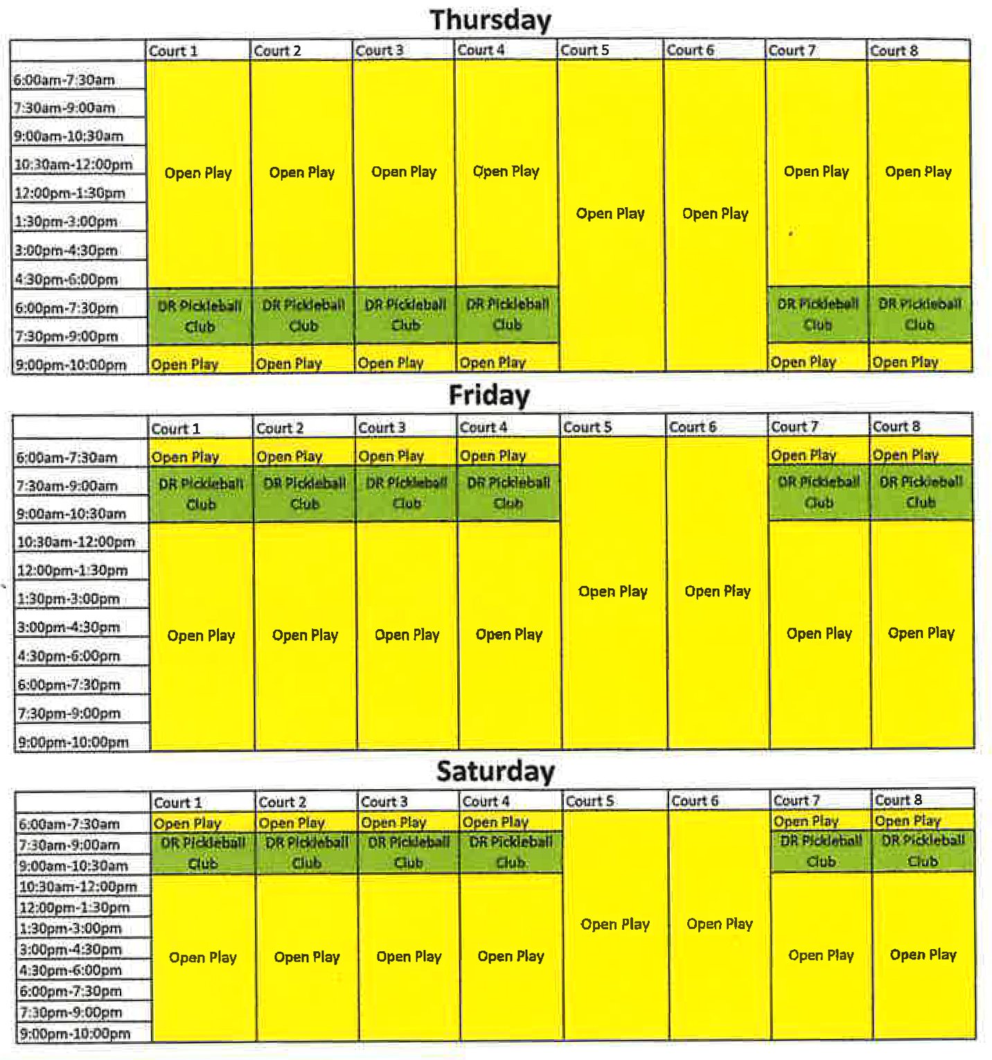 time map of Pickleball court availability Th, F, Sa